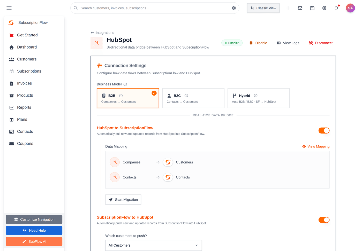 B2B mode selected. The data bridge shows Companies → Customers and Contacts → Contacts, with both real-time directions switched on.