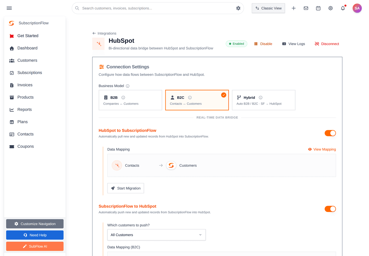 B2C mode selected. The data bridge maps Contacts → Customers, one person per customer.