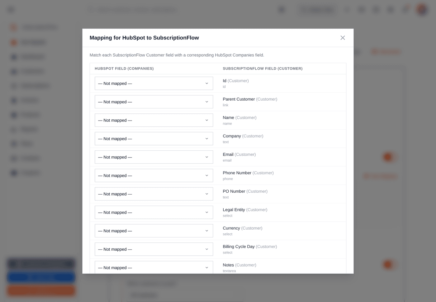 The field mapping window. Match each SubscriptionFlow Customer field to the corresponding HubSpot field.