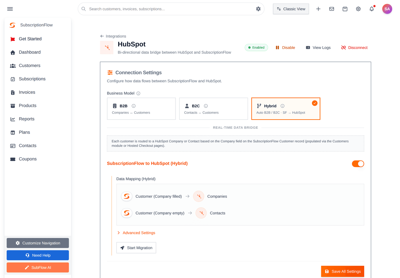 The HubSpot integration page once connected. The header shows Enabled / Disable / View Logs / Disconnect, and the main panel is where you configure everything.