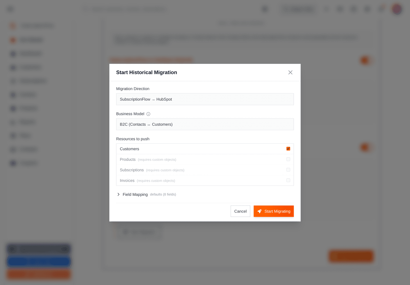 The migration window. Pick a direction, confirm the model, choose what to sync, then start.