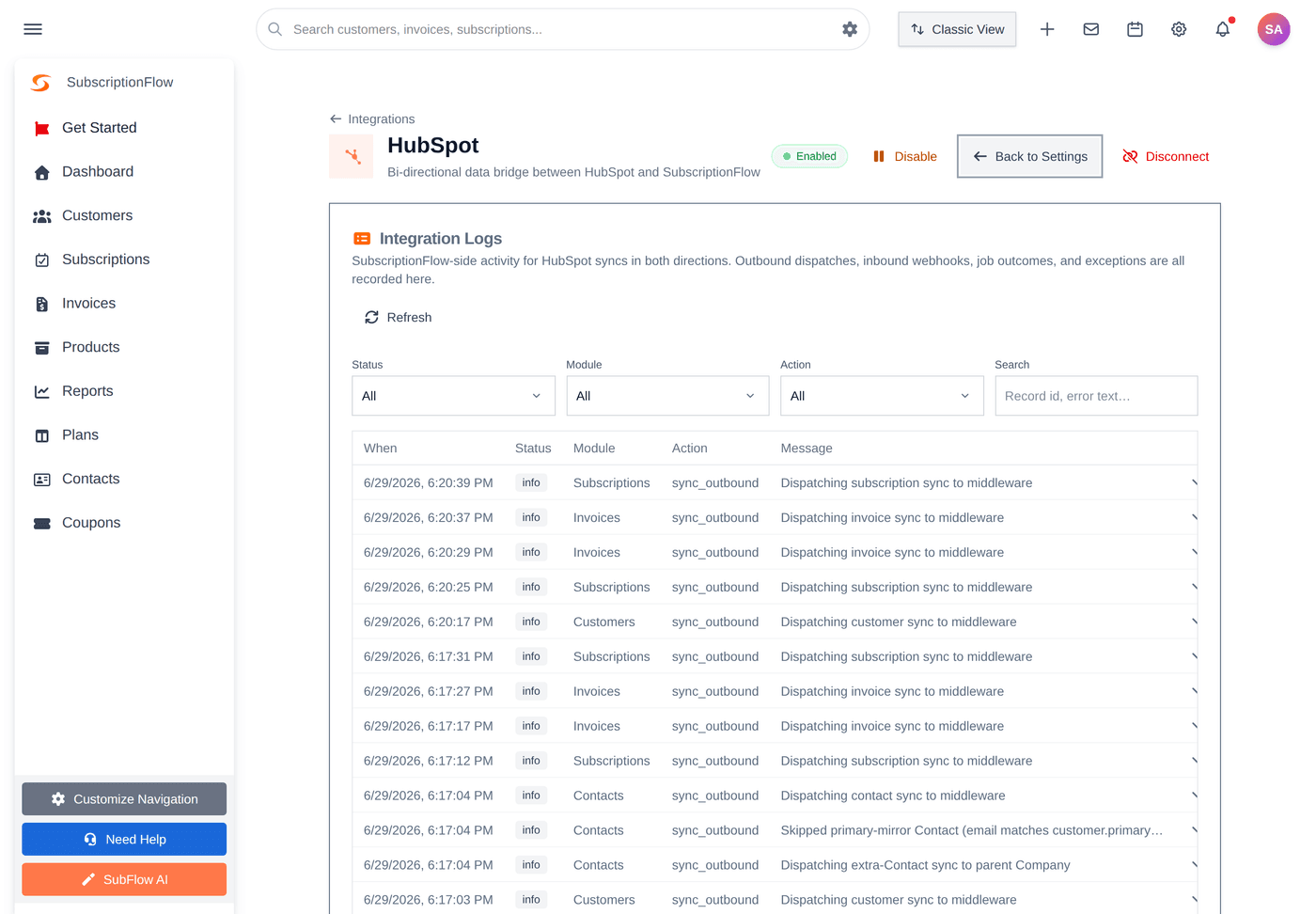 The Integration Logs view. Filter and search every sync event in both directions.