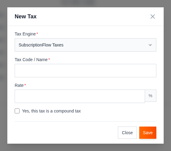 New Tax dialog with the SubscriptionFlow Taxes engine