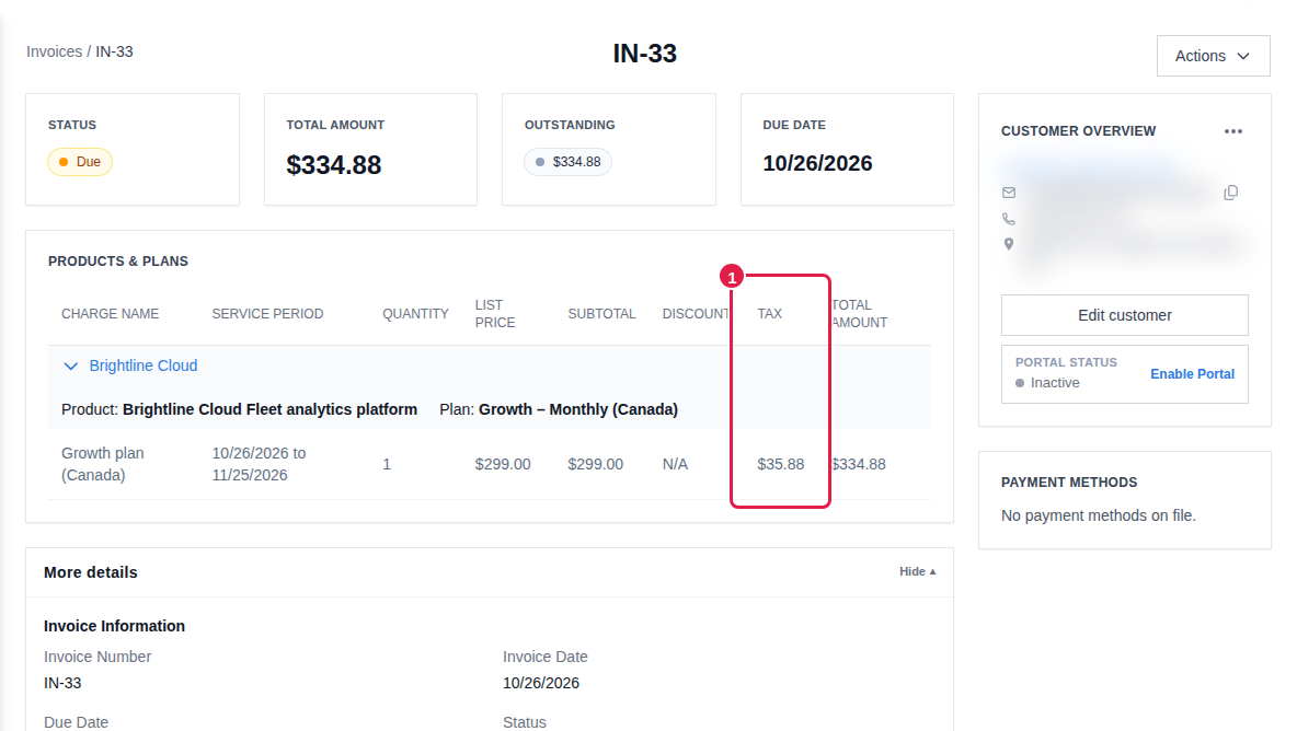 Invoice line showing the combined tax of the GST + PST group