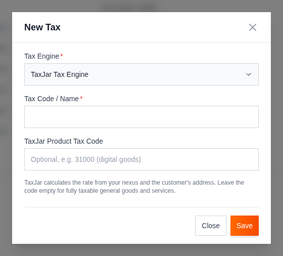 New Tax dialog with the TaxJar Tax Engine selected