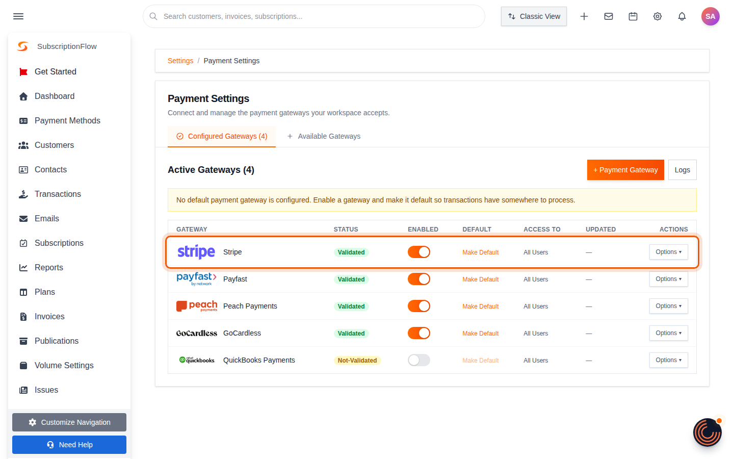 Configured Gateways list with Stripe shown as Validated and enabled