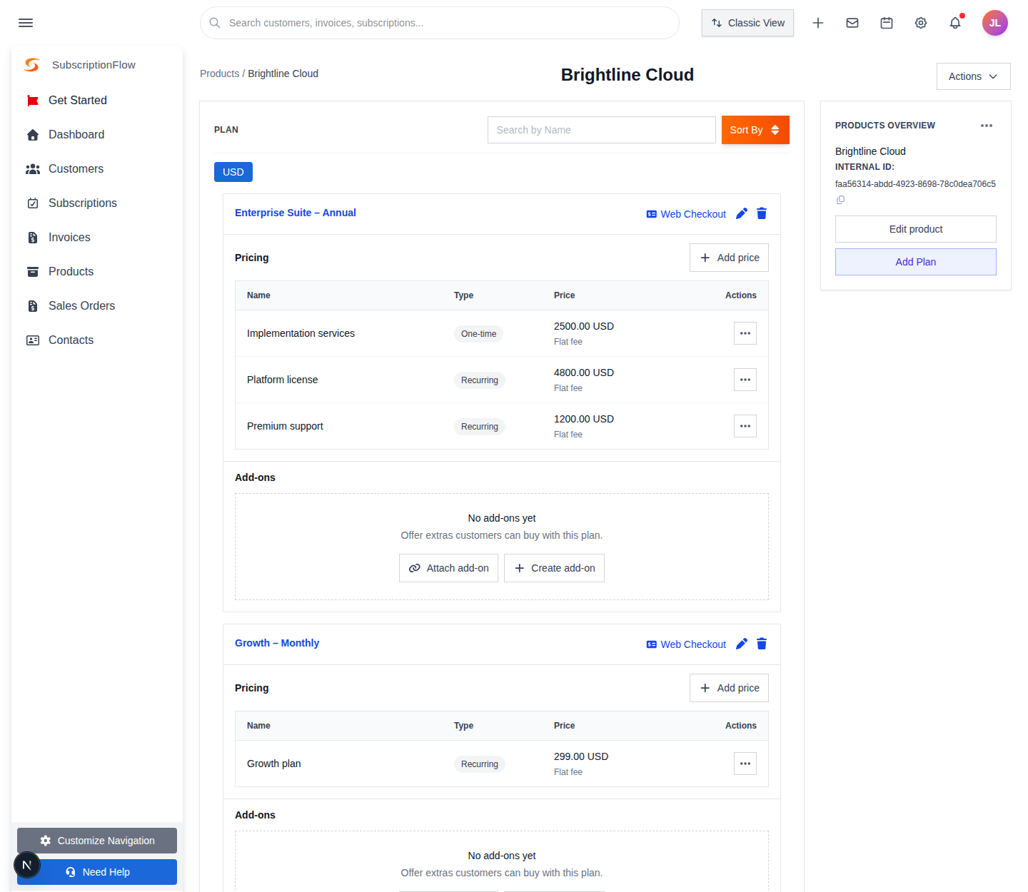 Product page showing plans and their prices