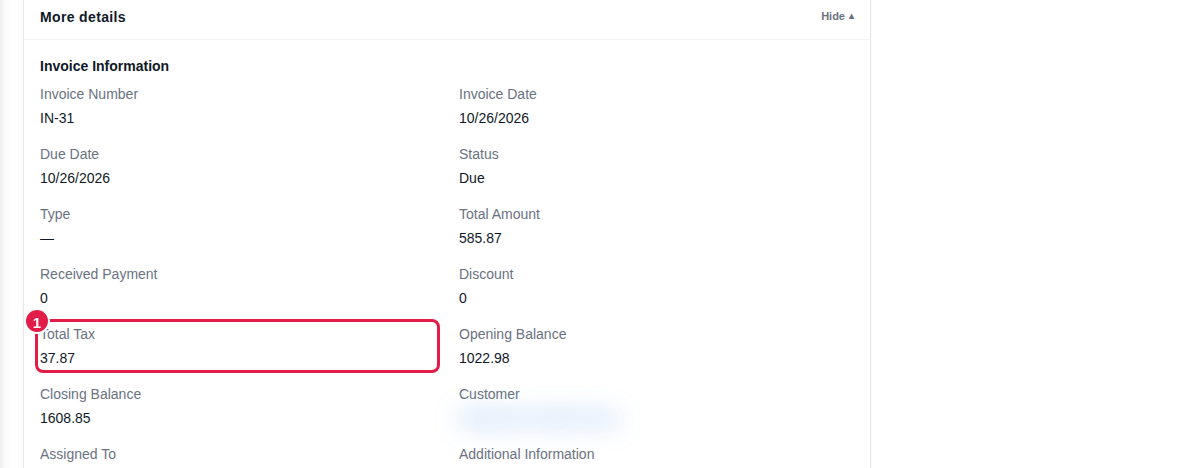 Invoice More details section with Total Tax highlighted