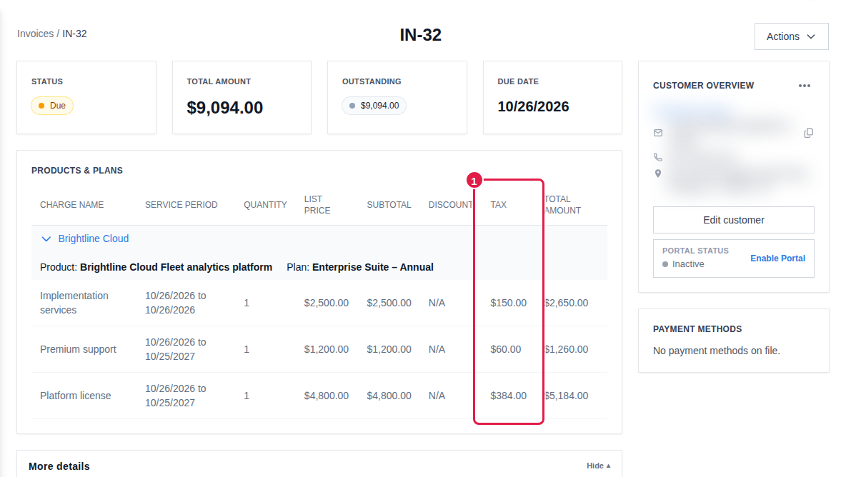 Invoice with three prices from one plan, each with its own tax amount