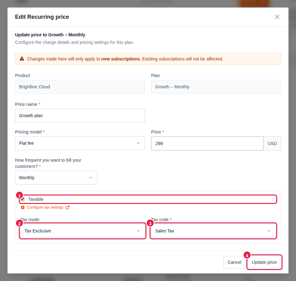 Edit price dialog with Taxable, Tax mode, Tax code and Update price highlighted