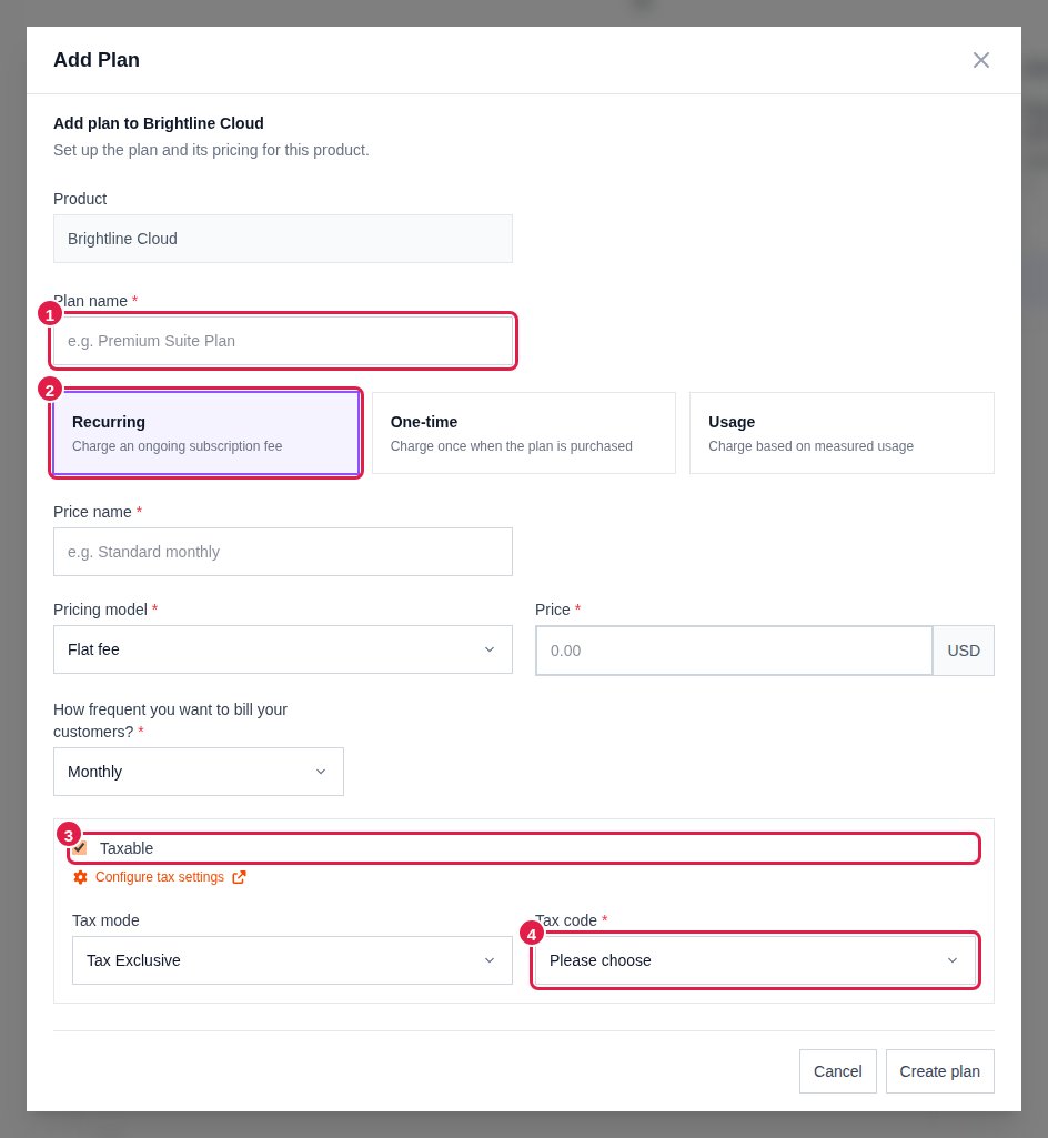 Add Plan dialog with the Taxable option selected