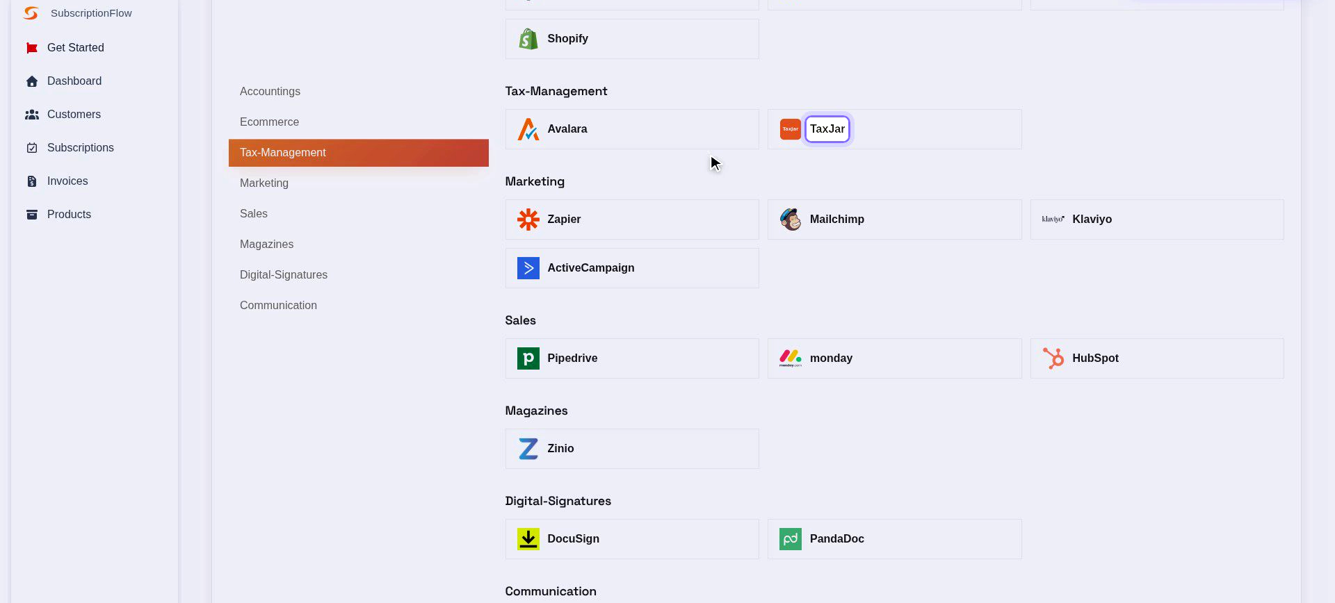 Apps page with the Tax-Management category open and TaxJar highlighted