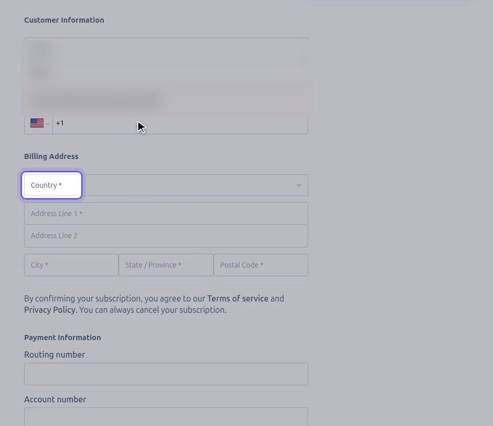 Hosted checkout before the billing address is entered, with no tax shown