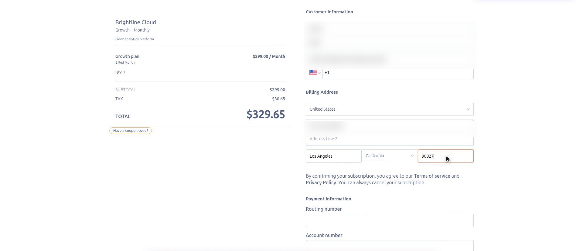 Hosted checkout with a Tax line of $30.65 and a total of $329.65