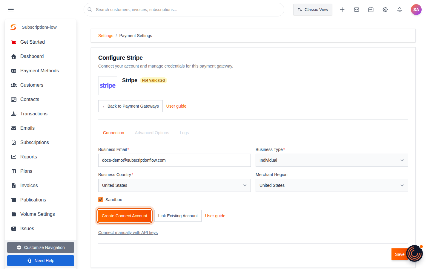Completed form with the Create Connect Account button highlighted