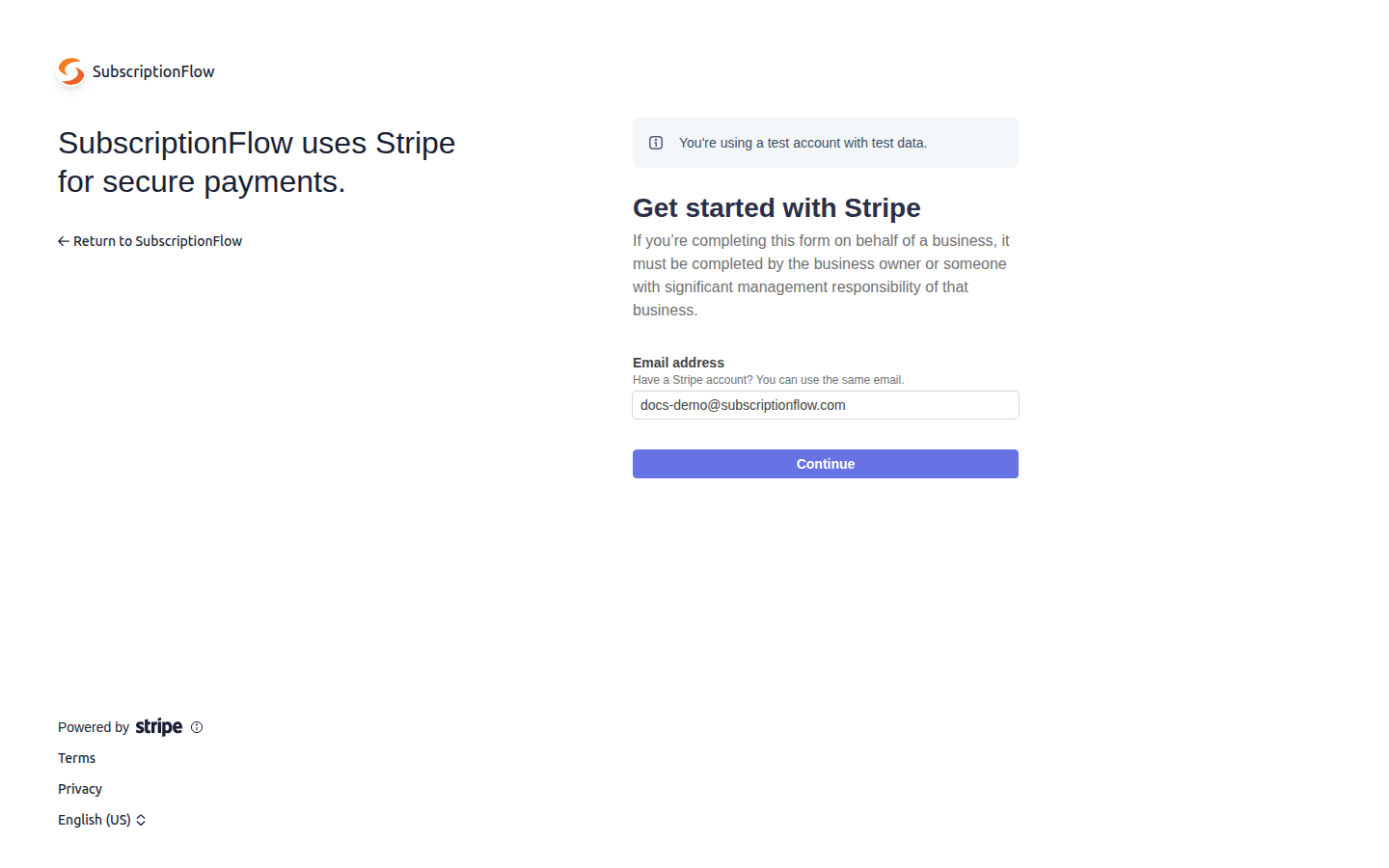 Stripe's Get started with Stripe page showing the business email