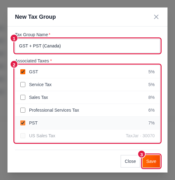 New Tax Group dialog with GST and PST selected