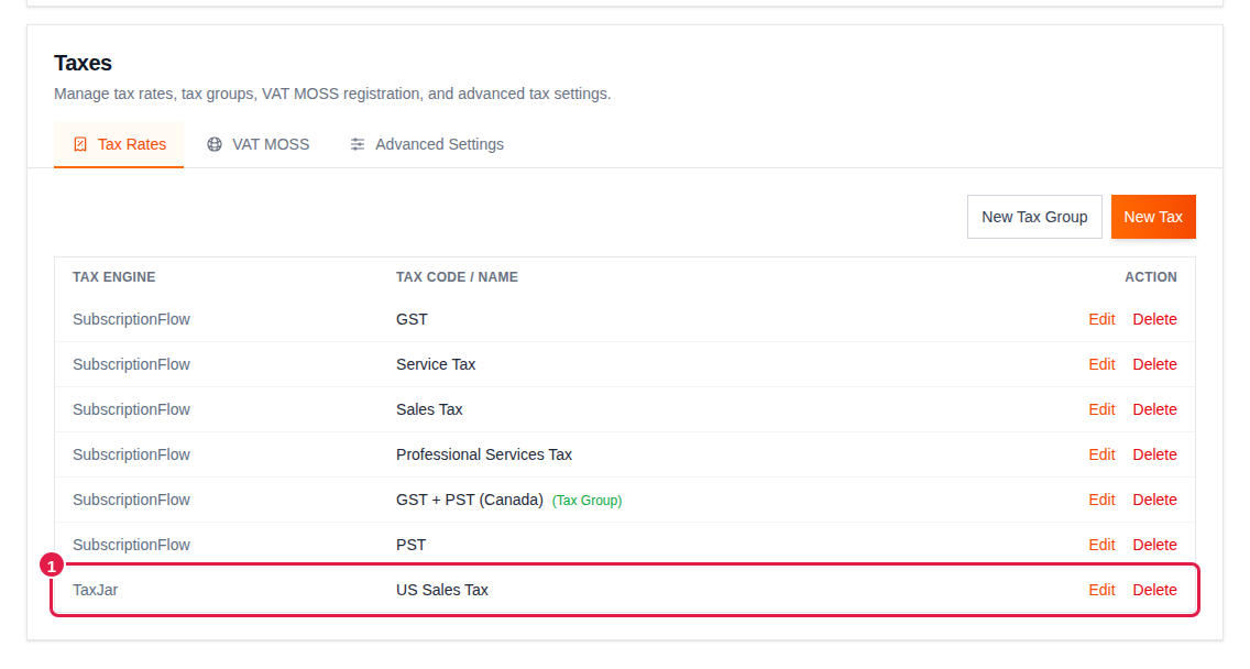 Tax Rates list showing the US Sales Tax tax with the TaxJar engine