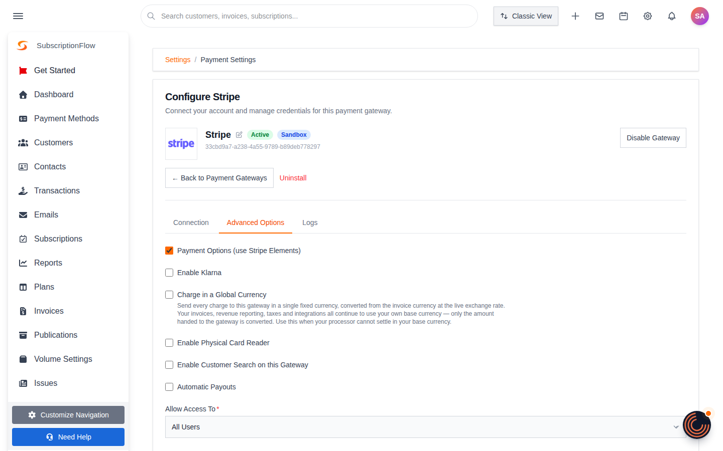 Advanced Options tab with payment options, Klarna, global currency, card reader, customer search, automatic payouts and access settings