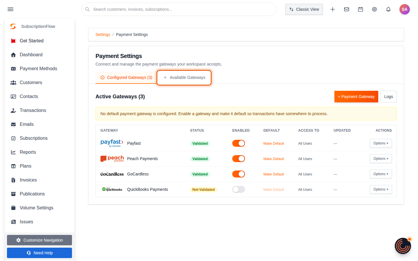 Payment Settings page with the Configured Gateways and Available Gateways tabs