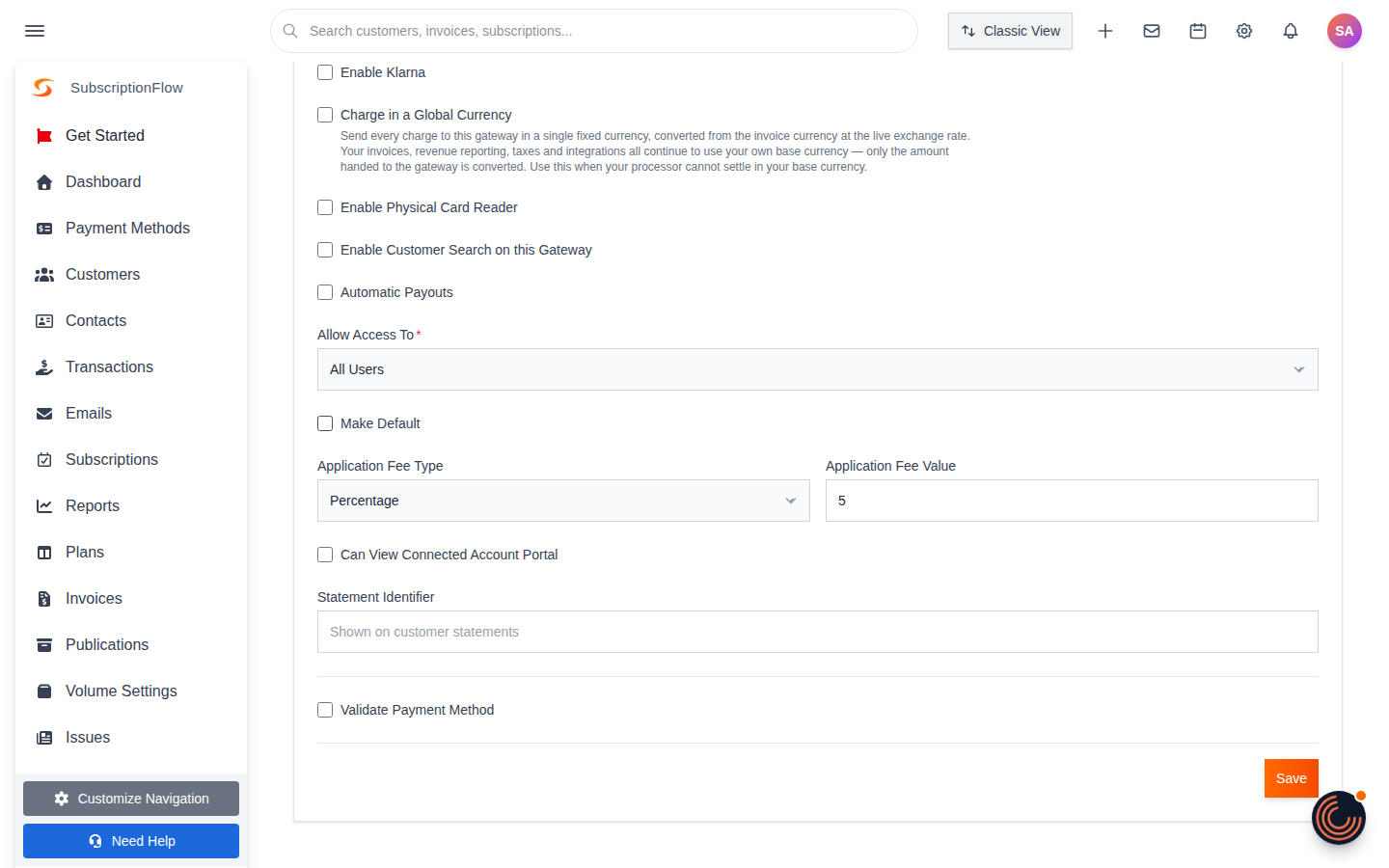 Lower part of Advanced Options with Make Default, application fee, statement identifier and Save
