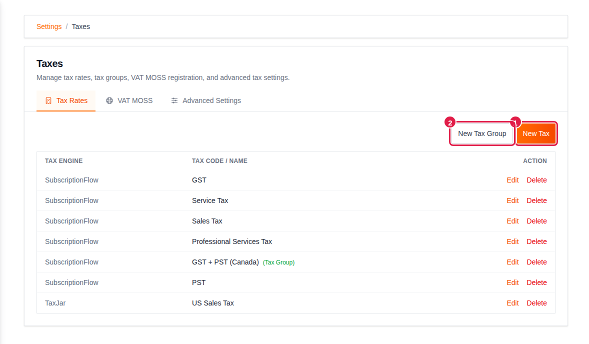 Tax Rates tab with the New Tax and New Tax Group buttons highlighted