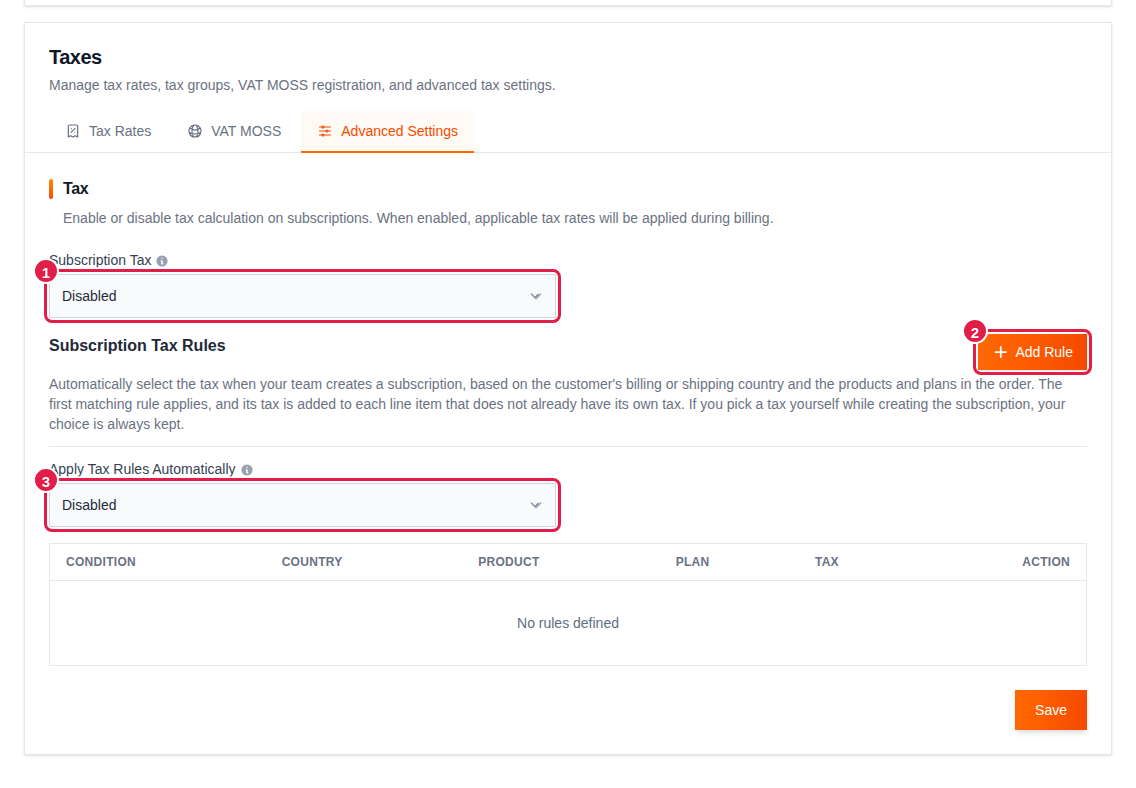 Advanced Settings tab showing Subscription Tax, Add Rule and Apply Tax Rules Automatically