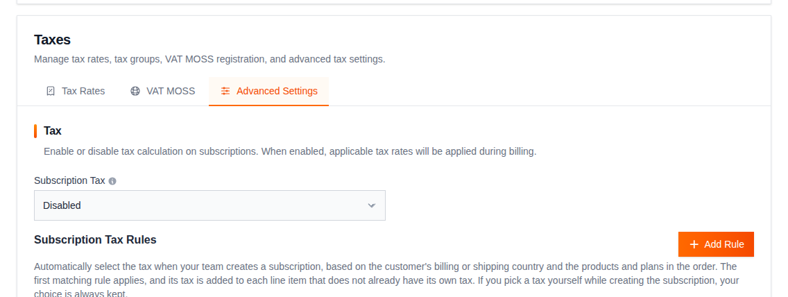 VAT MOSS tab with the Registered for VAT MOSS toggle