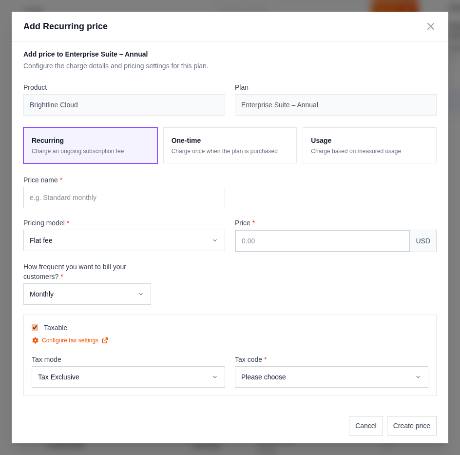 Add price dialog with the Taxable option selected