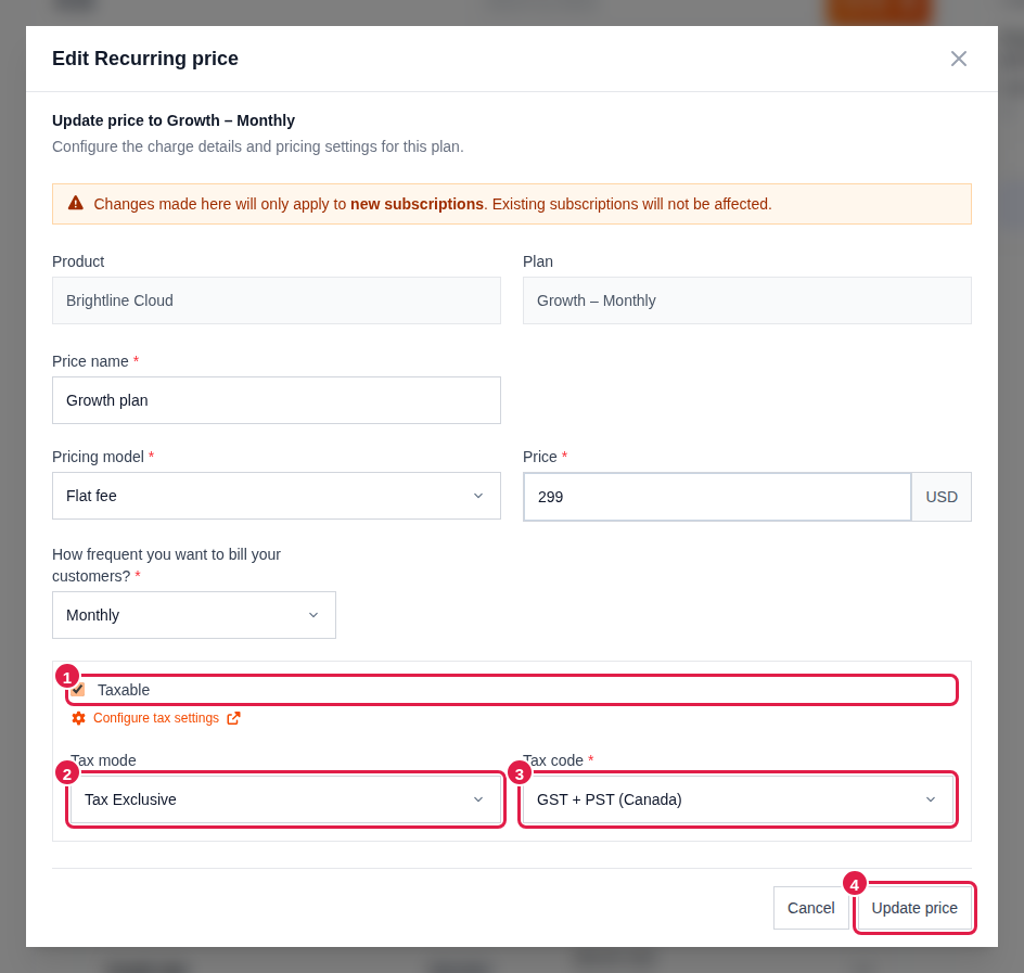 Edit price dialog with the GST + PST (Canada) tax group selected as the Tax code