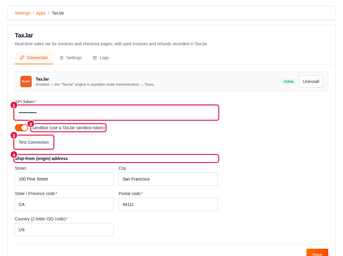 TaxJar Connection tab with API Token, Sandbox, Test Connection and ship-from address highlighted