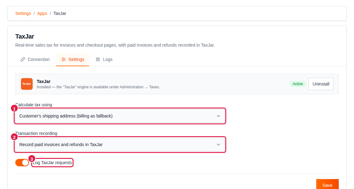 TaxJar Settings tab with Calculate tax using, Transaction recording and Log TaxJar requests highlighted