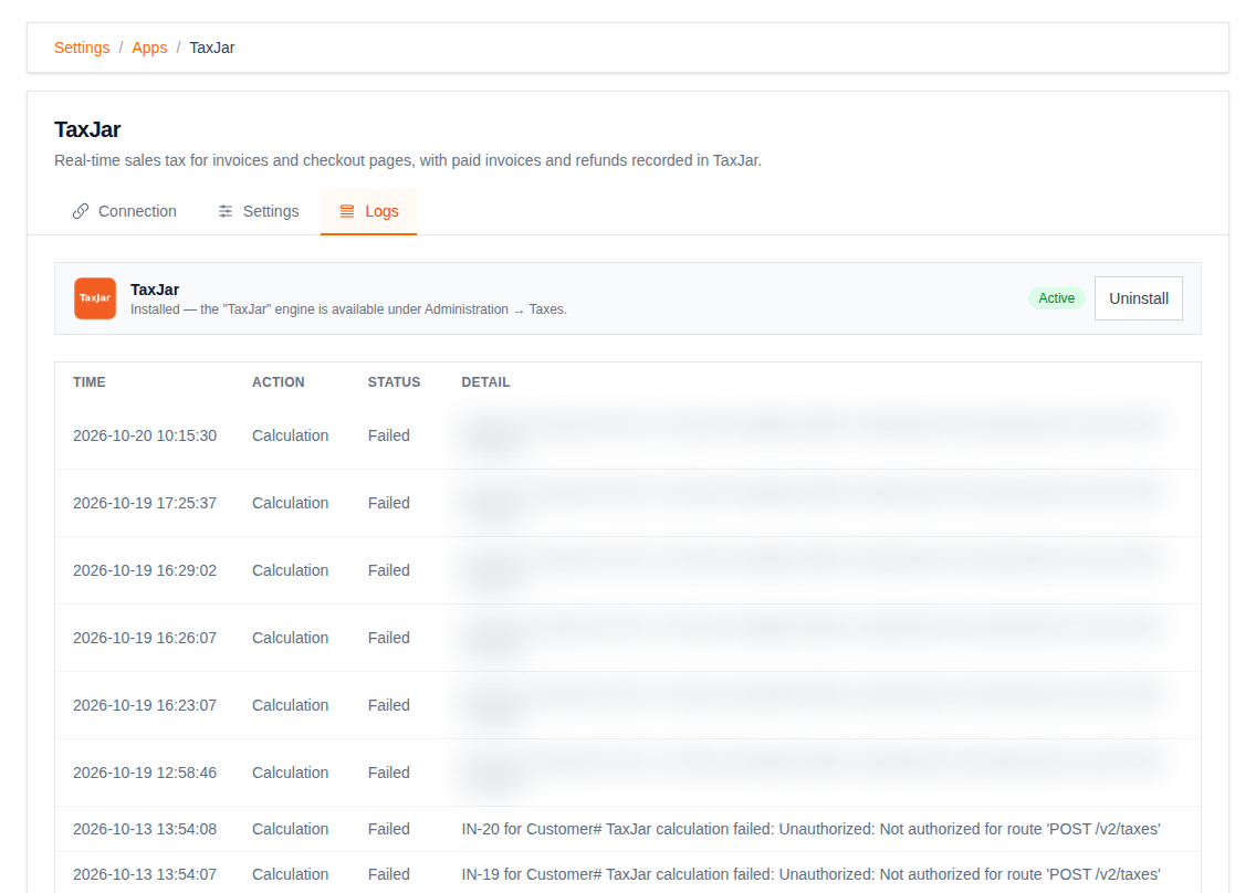 TaxJar Logs tab showing failed calculation entries