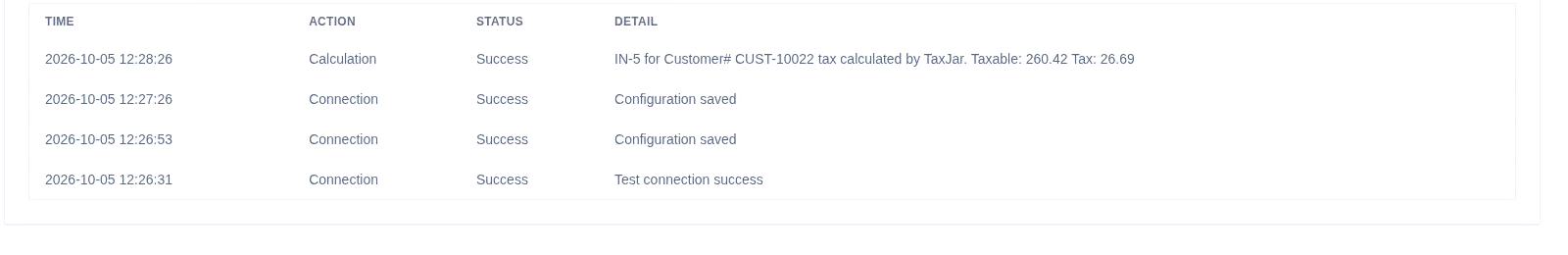 TaxJar Logs tab with successful connection and calculation entries