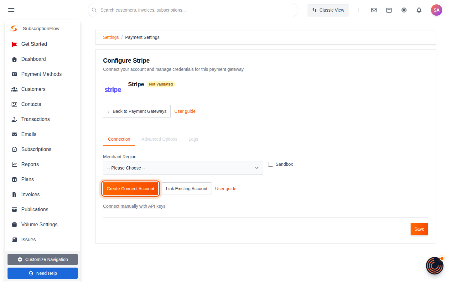 Configure Stripe page with the Create Connect Account button highlighted