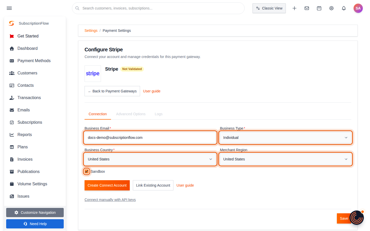 Connect account form filled in: business email, business type Individual, country United States, merchant region United States, Sandbox ticked