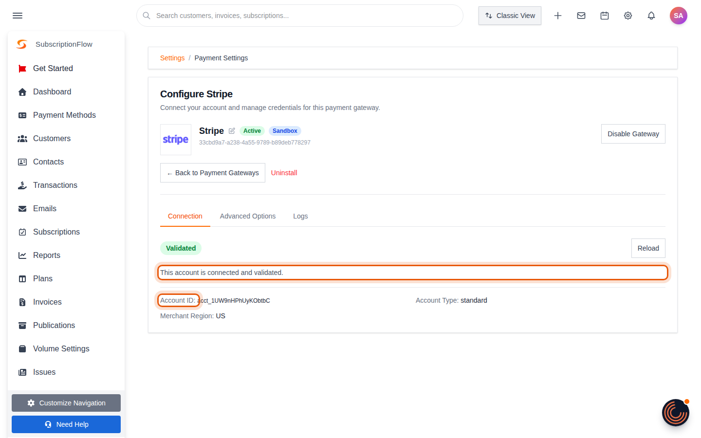Configure Stripe page showing the account as Validated and Active, with the Stripe account ID